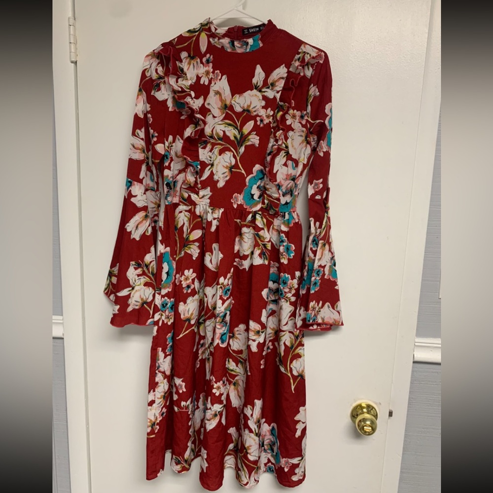 Red Floral Trumpet Sleeve Dress